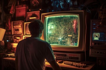 Poster - A man is seen sitting in front of a computer monitor. This image can be used to depict concepts such as work, technology, or online communication.