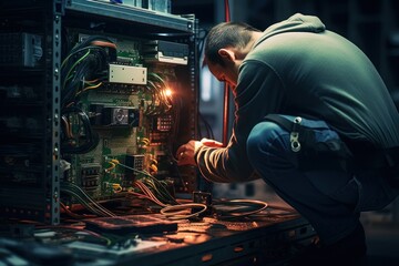 Poster - A man is seen working on a computer in a dark room. This image can be used to depict concepts such as technology, late-night work, productivity, and concentration.