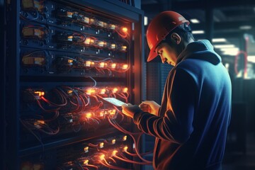Poster - A man wearing a hard hat is seen looking at a tablet. This image can be used to depict a construction worker or engineer using technology on a job site.