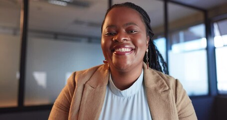 Aufkleber - Online meeting, face and business woman in office for legal webinar, conference or workshop. Video call, professional and African female attorney on virtual discussion for law project in workplace.