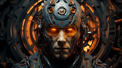 Poster - Face of a futuristic high-tech cyborg robot male. Connecting man and computer with artificial intelligence in the future of humanity