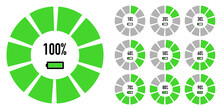 Set Of A Pie Chart Showing The Percentage Of Energy Consumption. Set Of Pie Charts From 10 To 100 Percent. Set Of Green Pie Charts. Infographic Elements. Vector Illustration.