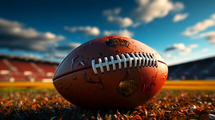Wall Mural - A leather ball for playing American football lies on the playing field