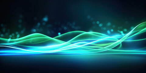 Poster - Glowing neon waves on blue green background