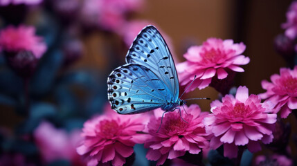 Wall Mural - Close up beautiful blue butterfly on a pink flower