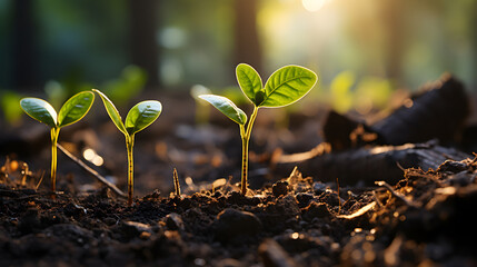 Close-up of two plant saplings newly sprouting from the soil under the sunshine