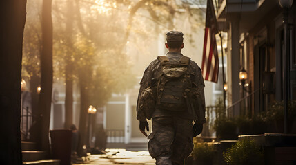 Wall Mural - Back view of a courageous young soldier walking towards his house with his luggage. American serviceman coming back home after serving his country in the military