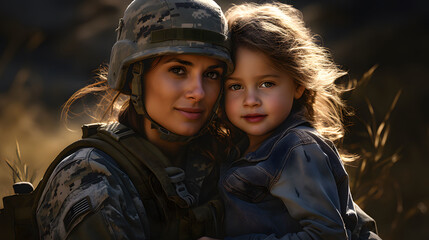 Poster - American soldier with her daughter outdoors