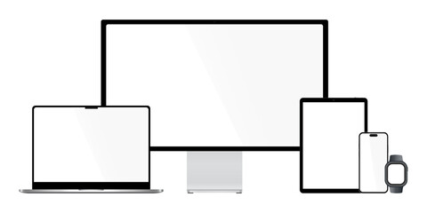 Wall Mural - set of phone, laptop, monitor, tablet, smart watch with blank screen mockup