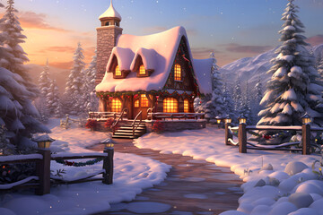 Christmas Village in winter and snowfalls cartoon