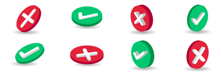 Wall Mural - 3d check and cross buttons. red and green round buttons. vector