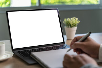 Poster - Laptop with blank screen on table. Workspace background new project on laptop computer with blank copy space screen for your advertising text message