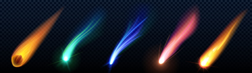 Wall Mural - comet or meteor trails set isolated on transparent background. vector realistic illustration of aste