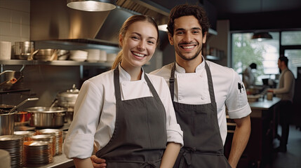 Chefs baker in chef dress and hat, cooking together in kitchen. Team of professional cooks in uniform preparing meals for restaurant in the kitchen.