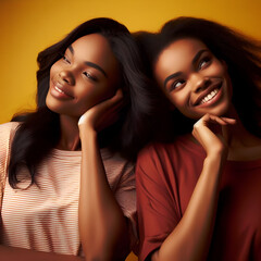 Two women Model feeling happy satisfy clam and thinking on the yellow background cinematic lighting 