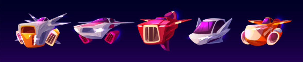 Poster - Game spaceships set isolated on black background. Vector cartoon illustration of futuristic spacecraft flying in sky, shuttles for space exploration mission, cosmic adventure gui design elements