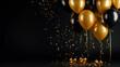 Black Friday, sale, Gold balloons, Confetti and ribbons on black background, christmas, party