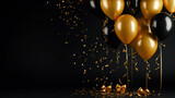 Fototapeta Londyn - Black Friday, sale, Gold balloons, Confetti and ribbons on black background, christmas, party