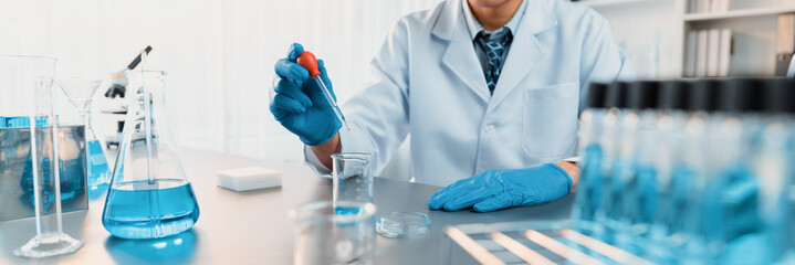 Poster - scientist conduct chemical experiment in medical laboratory, carefully drop precise amount of liquid