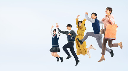 Fototapete - ジャンプする幅広い世代の人々（切り抜き背景透過PNGも販売しております。作成者リンクから「PNG」で検索してください）