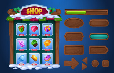 Poster - game user interface menu boards, buttons and shop design. cartoon vector illustration of winter gui 