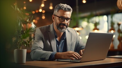 Portrait of mature Indian or Latin business man ceo trader using laptop computer, typing, working in modern office. Middle-age Hispanic smiling handsome businessman entrepreneur. Generative AI