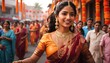 Portrait of beautiful traditional Indian woman dancing in the street, people background, banner, template 
