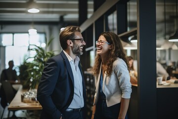 Wall Mural - Tech professionals engaged in energetic conversations, fueling creativity and innovation in a coworking office