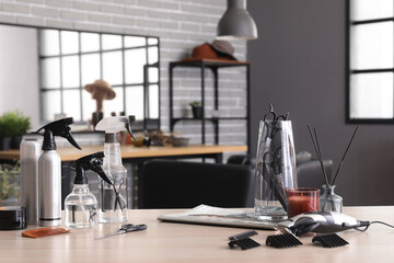 Sticker - Different hairdressing tools on table in beauty salon