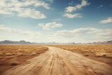 A picture of a dirt road stretching through the vast desert landscape. Perfect for illustrating the isolation and ruggedness of desert environments.