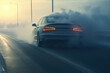 A car driving down a road with smoke billowing out of it. This image can be used to depict a vehicle breakdown or a car accident.