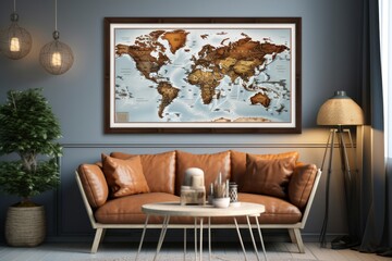 Poster - a comfortable living room featuring a couch and a decorative map on the wall. perfect for adding a t