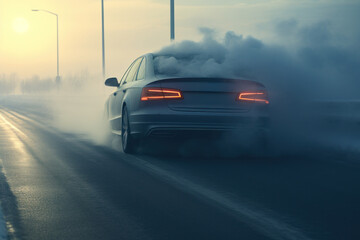 A car driving down a road with smoke billowing out of it. This image can be used to depict a vehicle breakdown or a car accident.