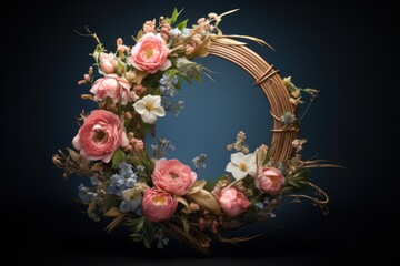 Sticker - A beautiful wreath made of pink and white flowers on a vibrant blue background. Perfect for adding a touch of elegance and charm to any design or project