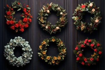 Canvas Print - A collection of wreaths hanging on a wall. Perfect for adding a festive touch to any space