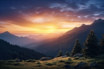 Poster - A picturesque sunset over a majestic mountain range. Perfect for nature lovers and travel enthusiasts