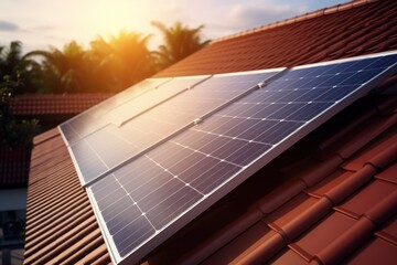 Poster - A picture of a solar panel installed on the roof of a house. This image can be used to showcase eco-friendly and sustainable energy solutions for residential buildings