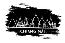 Chiang Mai Thailand City Skyline Silhouette. Hand Drawn Sketch. Business Travel And Tourism Concept With Modern Architecture. Chiang Mai Cityscape With Landmarks.