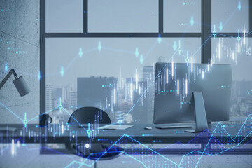 Poster - Modern office interior with workplace and glowing candlestick forex chart and index hologram on blurry background. Trade and stats concept. Double exposure.