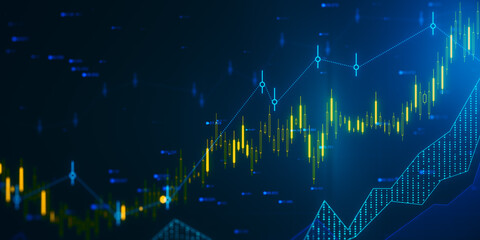 Poster - Glowing candlestick forex chart and index hologram on blurry backdrop. Trade and stats concept. 3D Rendering.