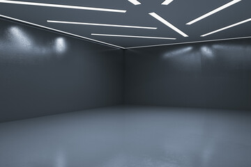 Poster - Contemporary exhibition hall interior with empty mock up place on gray wall. 3D Rendering.