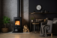 Burning Wood Stove In A Scandinavian Style Living Room