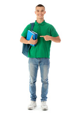 Canvas Print - Happy male student with backpack pointing at books isolated on white background