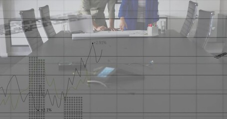 Poster - Animation of statistical data processing over diverse man and woman discussing over a plan at office
