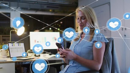 Poster - Animation of network of digital icons against caucasian woman using smartphone at office