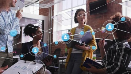 Poster - Animation of network of digital icons over team of diverse colleagues discussing together at office