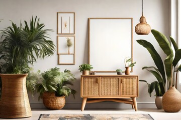 Wall Mural - Stylish interior design of living room with wooden retro commode, chair, tropical plant in rattan , basket and elegant personal accessories. Mock up poster frame on the wall. Template. Home decor.