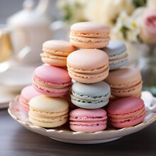 Gentle Macaroons On Table Close-up, Ai Technology