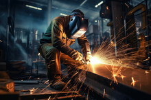 Skilled handymen at their workplace in a workshop, performing welding and grinding. Sparks illuminate the scene of precision metalwork. AI Generative magic captures craftsmanship.