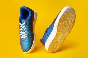 Poster - Blue new sneakers on yellow studio background